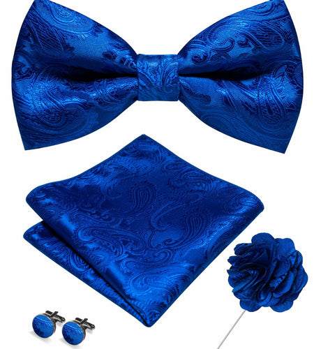 RBOCOTT Royal Blue Paisley Bow Tie Pocket Square Lapel Pin Cufflinks One Size