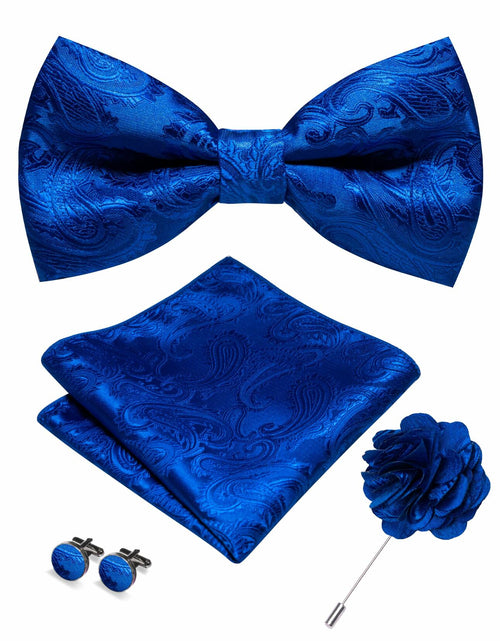 Load image into Gallery viewer, RBOCOTT Royal Blue Paisley Bow Tie Pocket Square Lapel Pin Cufflinks One Size
