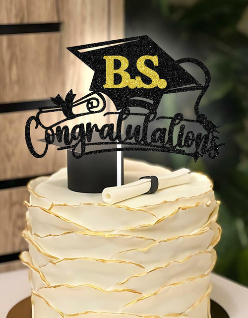 Load image into Gallery viewer, RLXPT Congrats Grad Cake Topper 2025 Black Gold Glitter B.S. Graduation
