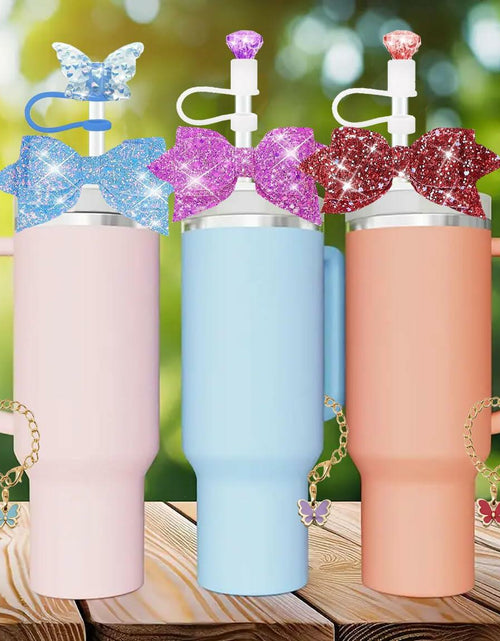 Load image into Gallery viewer, RNFVJH 6 Pcs Pink Butterfly Bow Ties Diamond &amp; Butterfly Straw Toppers
