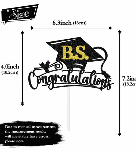 RLXPT Congrats Grad Cake Topper 2025 Black Gold Glitter B.S. Graduation