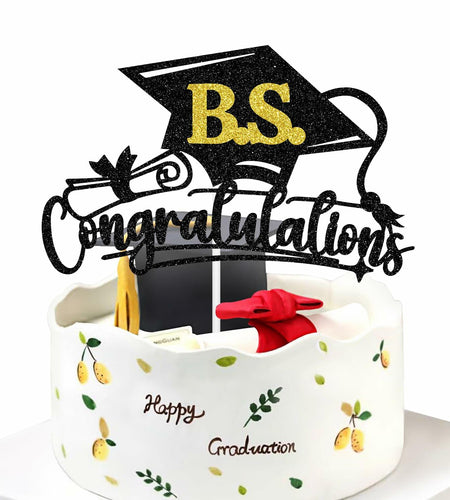 RLXPT Congrats Grad Cake Topper 2025 Black Gold Glitter B.S. Graduation