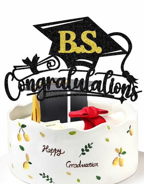 Load image into Gallery viewer, RLXPT Congrats Grad Cake Topper 2025 Black Gold Glitter B.S. Graduation
