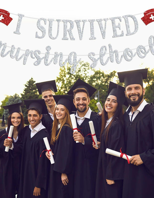 Load image into Gallery viewer, RLXPT I Survived Nursing School Banner Silver Red Congrats Nurse RN Grad 2025
