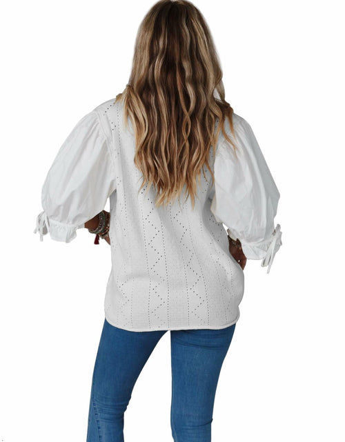 Load image into Gallery viewer, KINLONSAIR Women’s Puff Sleeve V-Neck Knit Top Lightweight White Shirt
