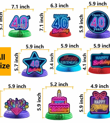 COOSOAR Happy 40th Birthday Neon Glow Honeycomb Centerpieces with Lights