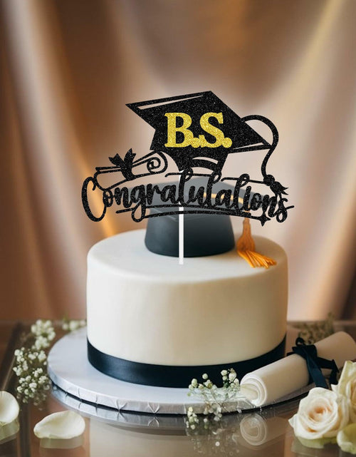 Load image into Gallery viewer, RLXPT Congrats Grad Cake Topper 2025 Black Gold Glitter B.S. Graduation
