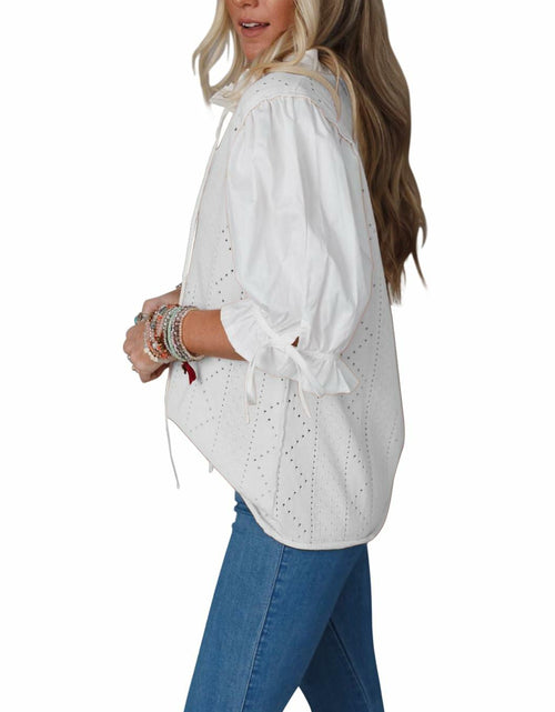 Load image into Gallery viewer, KINLONSAIR Women’s Puff Sleeve V-Neck Knit Top Lightweight White Shirt
