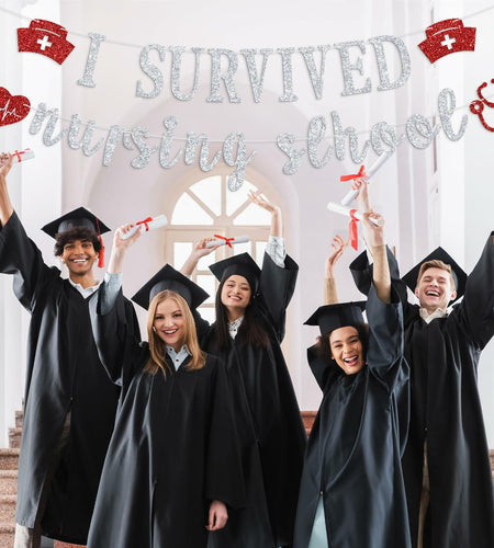 RLXPT I Survived Nursing School Banner Silver Red Congrats Nurse RN Grad 2025