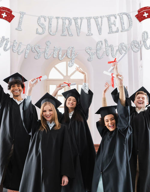 Load image into Gallery viewer, RLXPT I Survived Nursing School Banner Silver Red Congrats Nurse RN Grad 2025
