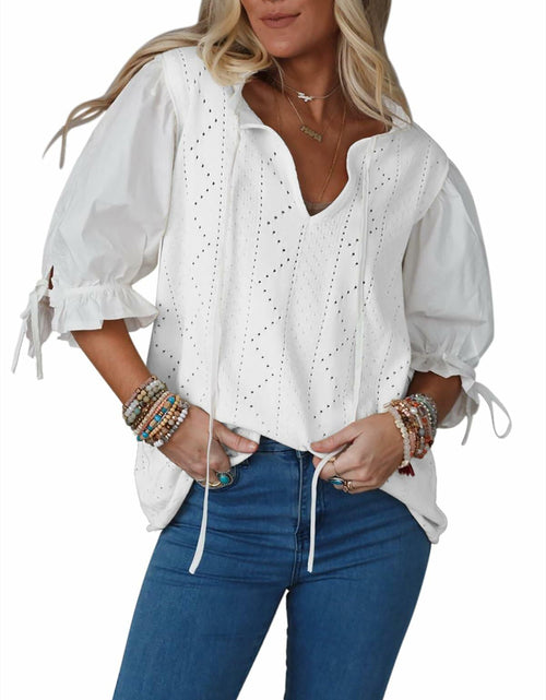 Load image into Gallery viewer, KINLONSAIR Women’s Puff Sleeve V-Neck Knit Top Lightweight White Shirt

