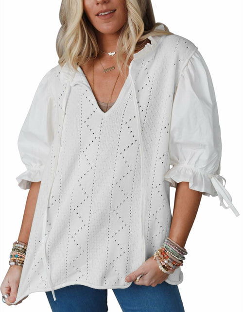 Load image into Gallery viewer, KINLONSAIR Women’s Puff Sleeve V-Neck Knit Top Lightweight White Shirt
