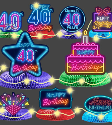 COOSOAR Happy 40th Birthday Neon Glow Honeycomb Centerpieces with Lights