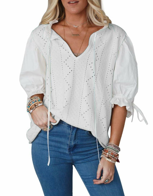 Load image into Gallery viewer, KINLONSAIR Women’s Puff Sleeve V-Neck Knit Top Lightweight White Shirt
