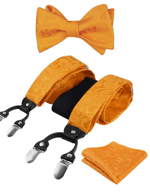 Load image into Gallery viewer, Alizeal Paisley Suspenders Bow Tie Pocket Square Set Men Orange Size One Size
