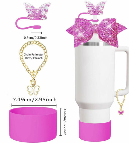 RNFVJH 6 Pcs Pink Butterfly Bow Ties Diamond & Butterfly Straw Toppers