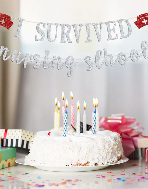 Load image into Gallery viewer, RLXPT I Survived Nursing School Banner Silver Red Congrats Nurse RN Grad 2025
