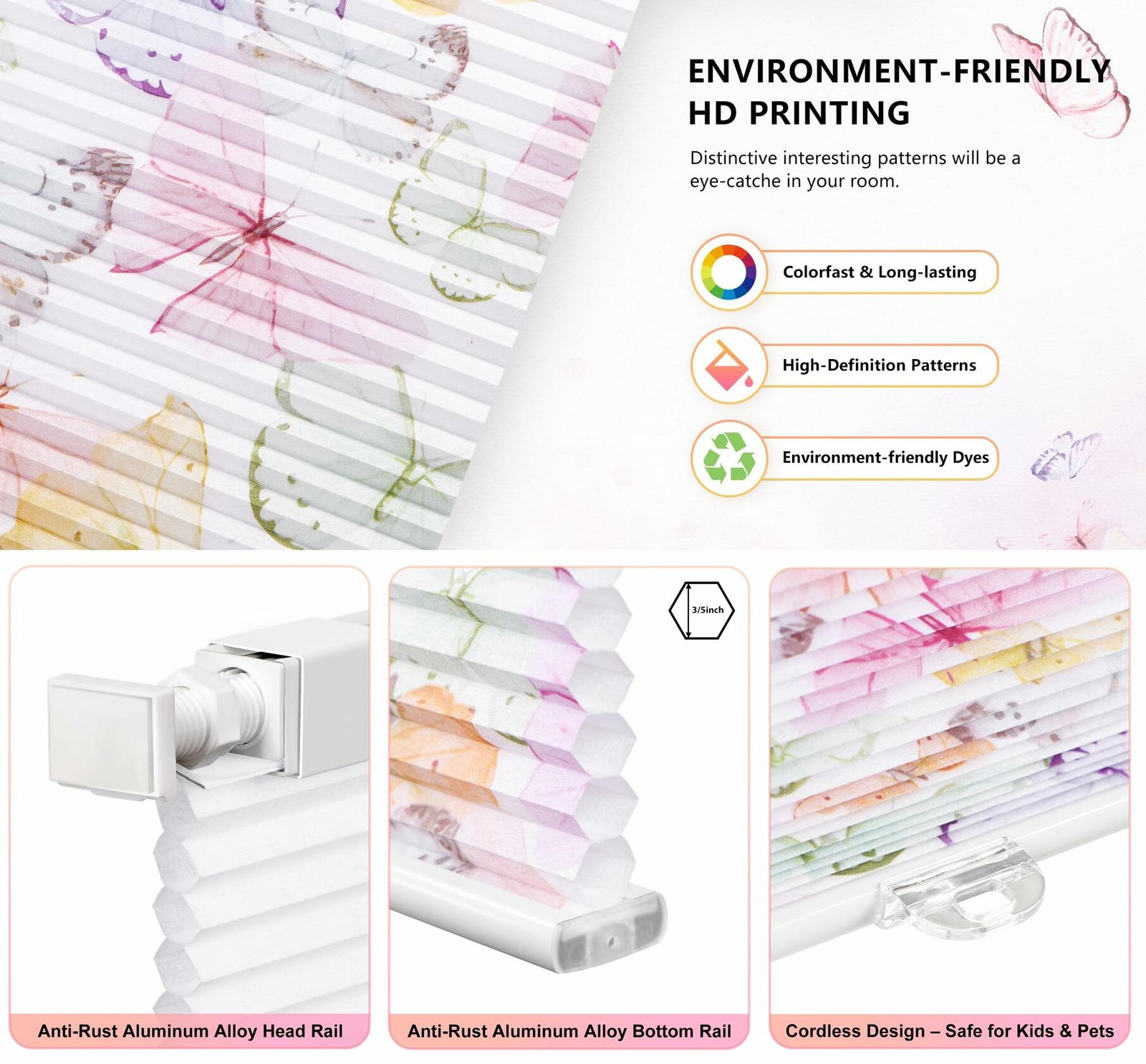 LazBlinds Cordless Cellular Shades Honeycomb 40x64 Colorful Butterflies