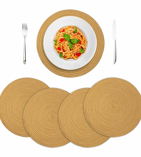 WEAVELYRICS 15" Round Braided Cotton Placemats Brown Set of 4