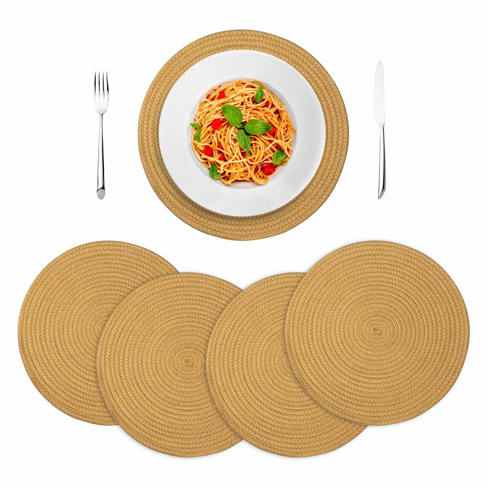 WEAVELYRICS 15" Round Braided Cotton Placemats Brown Set of 4