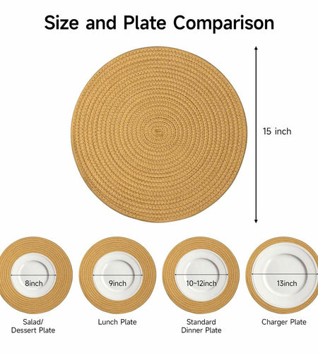 WEAVELYRICS 15" Round Braided Cotton Placemats Brown Set of 4