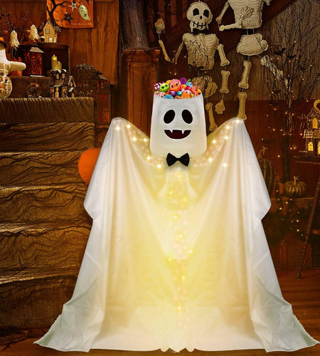 Waybas Ghost Halloween Candy Bowl LED Lights Outdoor 47" Tall White