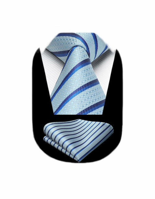 Load image into Gallery viewer, HISDERN Mens Silk Striped Necktie &amp; Handkerchief Set Light Green Size 8.5cm
