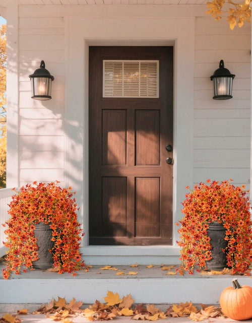 Load image into Gallery viewer, INQCMY Faux Mums Silk Flowers with Autumn Leaves Orange Red 2PCS Outdoor Decor
