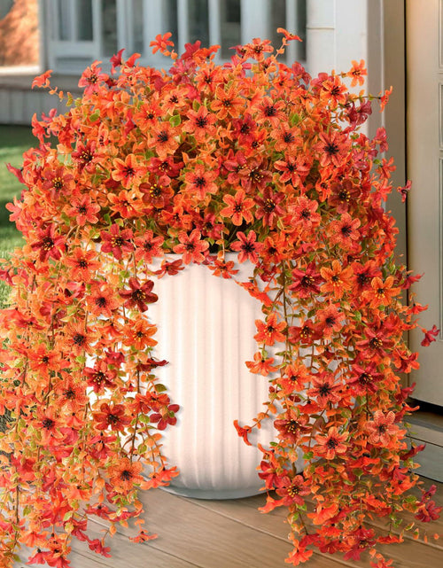 Load image into Gallery viewer, INQCMY Faux Mums Silk Flowers with Autumn Leaves Orange Red 2PCS Outdoor Decor

