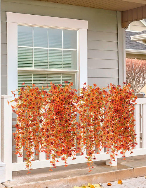 Load image into Gallery viewer, INQCMY Faux Mums Silk Flowers with Autumn Leaves Orange Red 2PCS Outdoor Decor
