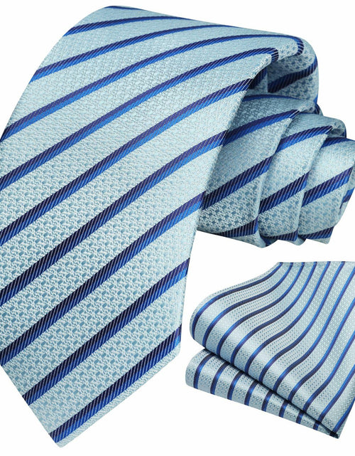 Load image into Gallery viewer, HISDERN Mens Silk Striped Necktie &amp; Handkerchief Set Light Green Size 8.5cm
