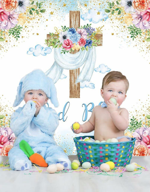 Load image into Gallery viewer, God Bless Backdrop Boy Blue Floral Baptism Party Decoration 7x5FT
