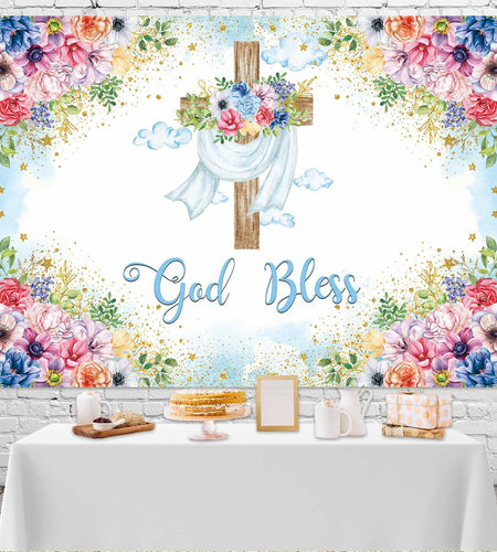God Bless Backdrop Boy Blue Floral Baptism Party Decoration 7x5FT