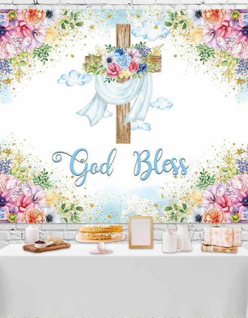 Load image into Gallery viewer, God Bless Backdrop Boy Blue Floral Baptism Party Decoration 7x5FT
