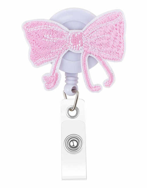 Load image into Gallery viewer, Kimoli Embroidery Pink Bow Nurse Badge Reel Retractable Pink Clip
