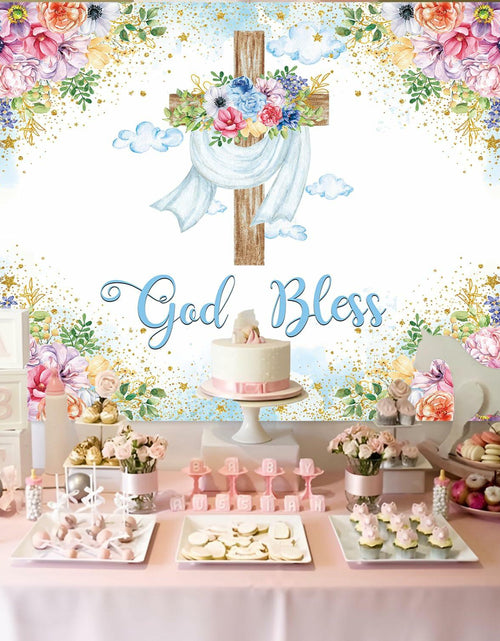 Load image into Gallery viewer, God Bless Backdrop Boy Blue Floral Baptism Party Decoration 7x5FT
