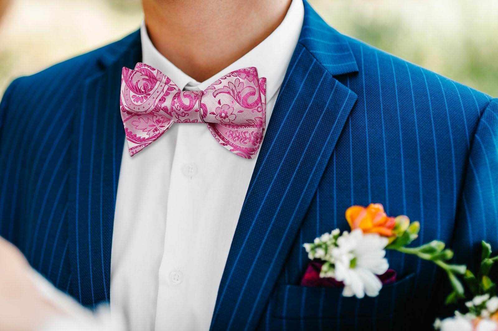 HISDERN Pink Floral Paisley Polyester Bow Tie & Pocket Square Set Size One Size