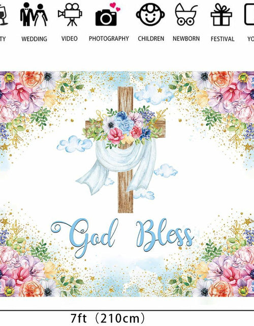 Load image into Gallery viewer, God Bless Backdrop Boy Blue Floral Baptism Party Decoration 7x5FT
