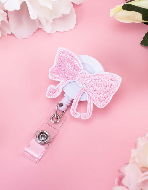 Load image into Gallery viewer, Kimoli Embroidery Pink Bow Nurse Badge Reel Retractable Pink Clip
