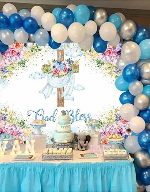 Load image into Gallery viewer, God Bless Backdrop Boy Blue Floral Baptism Party Decoration 7x5FT
