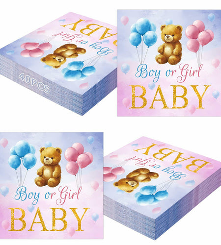 Litmitfu Baby Gender Reveal Napkins 3-Ply Bear Pink Blue 40 Pcs