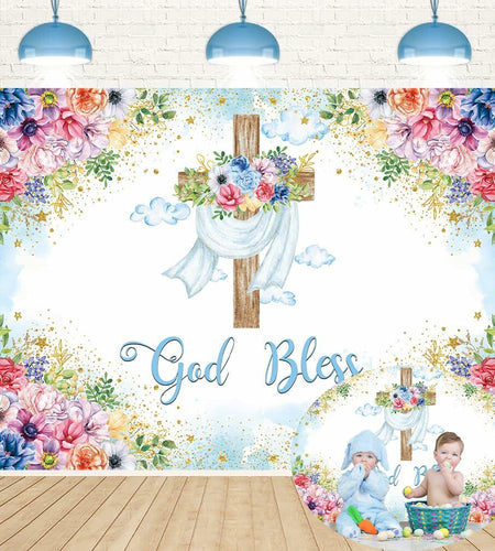 God Bless Backdrop Boy Blue Floral Baptism Party Decoration 7x5FT