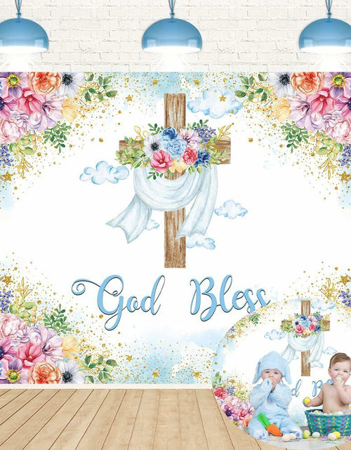 Load image into Gallery viewer, God Bless Backdrop Boy Blue Floral Baptism Party Decoration 7x5FT
