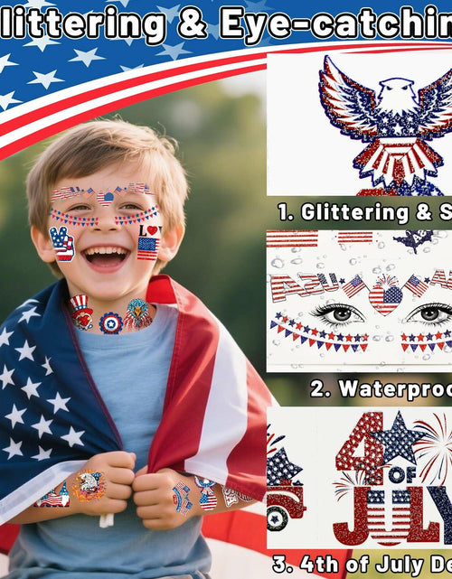 Load image into Gallery viewer, eboozone 4th of July Temporary Tattoos 68pcs Patriotic USA Flag Red/Blue
