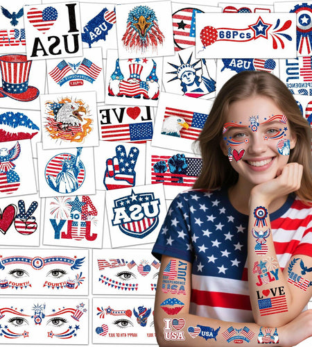 eboozone 4th of July Temporary Tattoos 68pcs Patriotic USA Flag Red/Blue