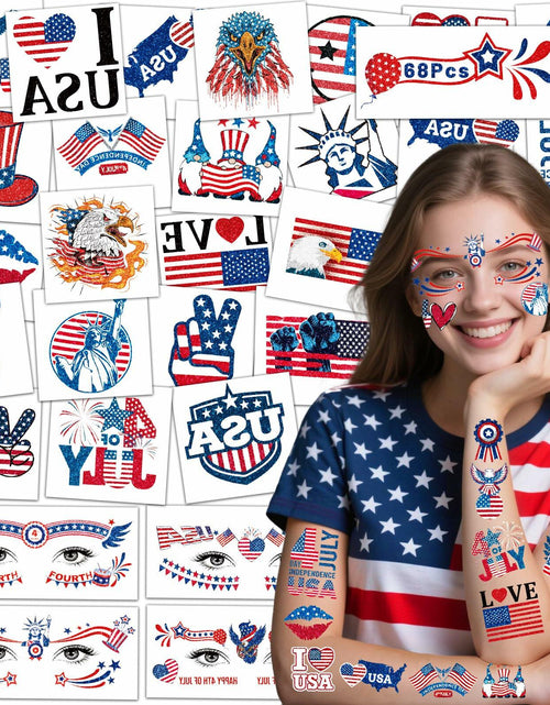 Load image into Gallery viewer, eboozone 4th of July Temporary Tattoos 68pcs Patriotic USA Flag Red/Blue

