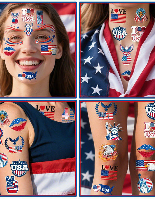 Load image into Gallery viewer, eboozone 4th of July Temporary Tattoos 68pcs Patriotic USA Flag Red/Blue
