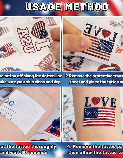 Load image into Gallery viewer, eboozone 4th of July Temporary Tattoos 68pcs Patriotic USA Flag Red/Blue

