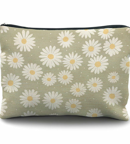 Likjad Sage Green Linen Cosmetic Bag Daisy Decor