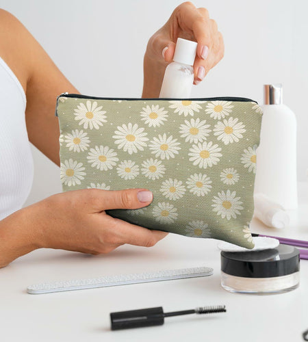 Likjad Sage Green Linen Cosmetic Bag Daisy Decor